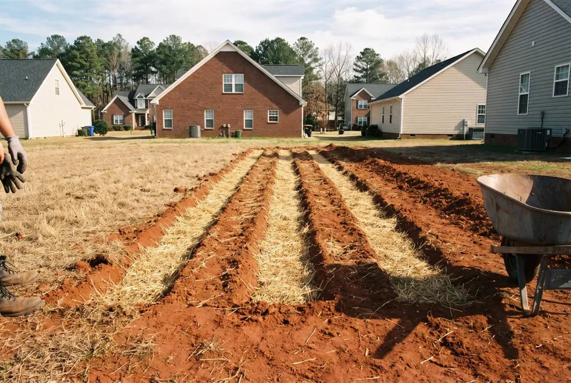 A backyard with five freshly backfilled trench lines under straw (sample photo)