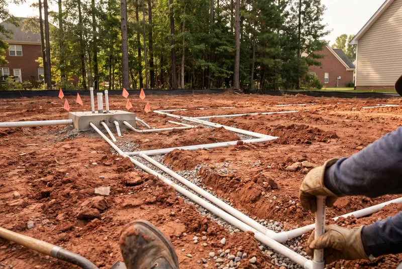 A grid of shallow trenches with small-diameter pressure lines and a manifold (sample photo)