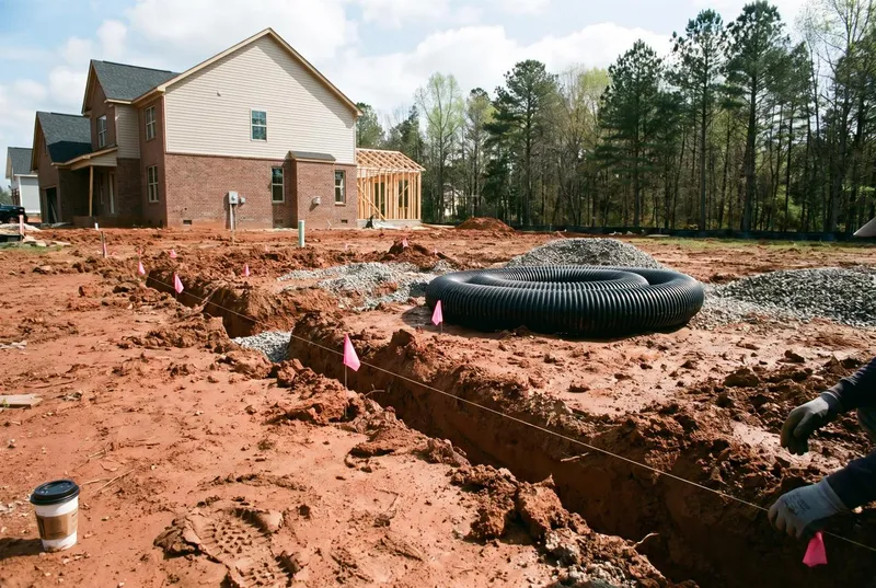 A house under construction with septic trenches staked in the foreground (sample photo)
