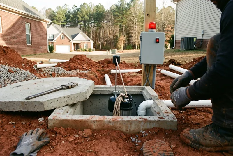 An open pump tank with a float tree and a control panel on a post (sample photo)