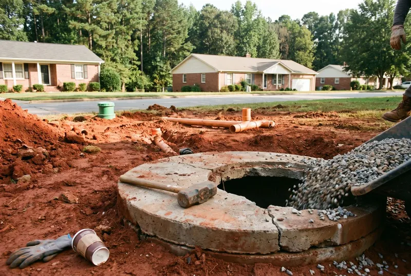 An old concrete tank being filled with gravel (sample photo)