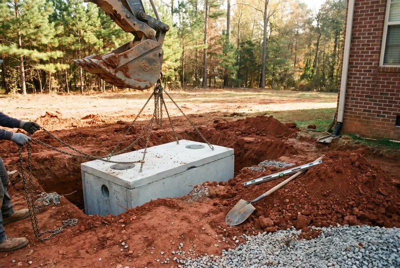 A new concrete septic tank being lowered into a red-clay excavation on a Waxhaw lot (sample photo)