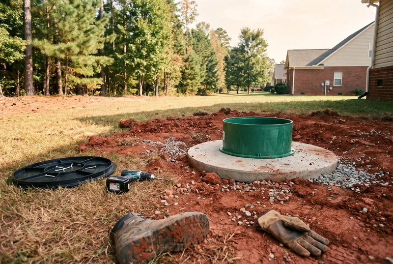 A new green riser set on a concrete tank at grade (sample photo)